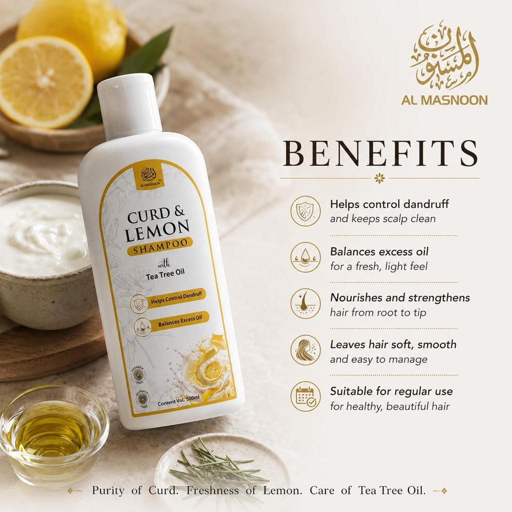 AL MASNOON Curd & Lemon Shampoo with Tea Tree Oil | 500ml | Sulphate Free & Paraben Free | Refreshing Hair Cleanser for Oily Scalp & Healthy-Looking Hair