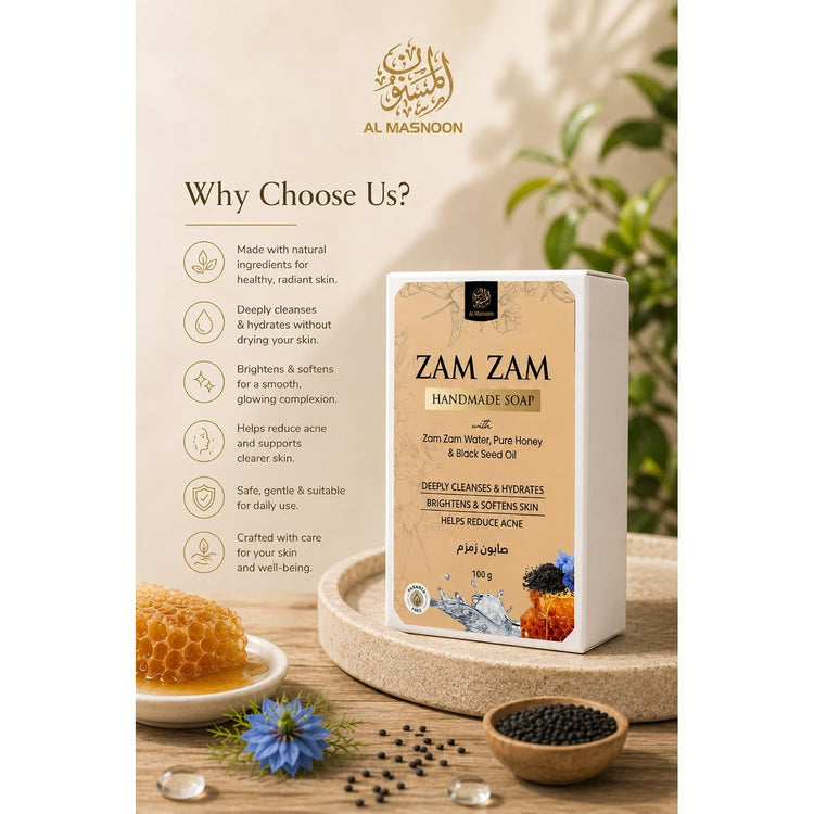 AL MASNOON Zam Zam Handmade Soap | 100g | Enriched with Zam Zam Water, Pure Honey, Olive Oil & Black Seed Oil | Gentle Cleansing & Deep Moisturizing Bath Soap
