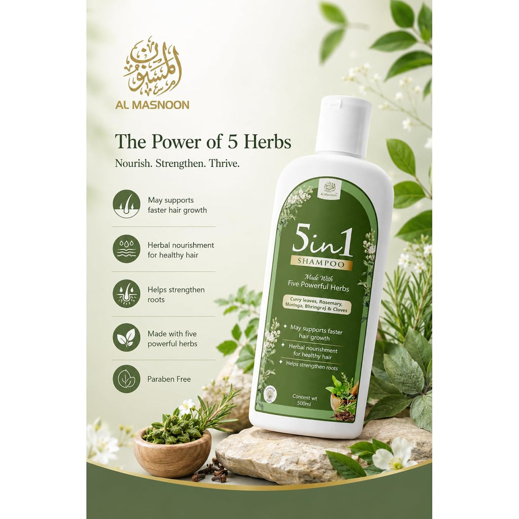 AL MASNOON 5 in 1 Herbal Shampoo with 5 Powerful Herbs (500 ml) Curry Leaves, Clove, Bhringraj, Moringa & Rosemary | SLS & Paraben Free | Gentle Hair Care Formula