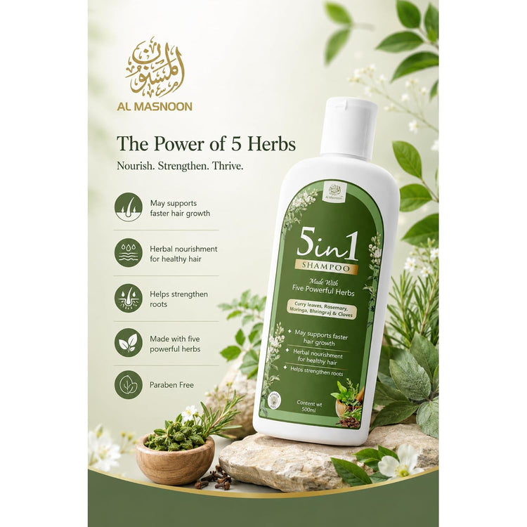 AL MASNOON 5 in 1 Herbal Shampoo with 5 Powerful Herbs (500 ml) Curry Leaves, Clove, Bhringraj, Moringa & Rosemary | SLS & Paraben Free | Gentle Hair Care Formula