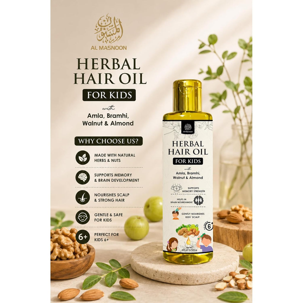 AL MASNOON Herbal Hair Oil for Kids | 200ml | With Amla, Brahmi, Walnut & Almond | Nourishing Ayurvedic Hair Oil for Soft, Healthy-Looking Hair