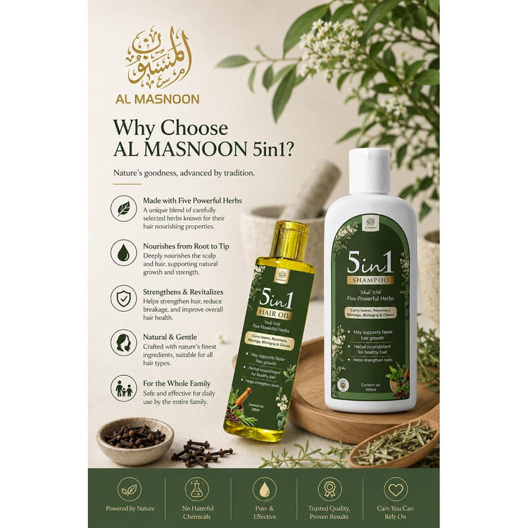 AL MASNOON 5-in-1 Herbal Shampoo & Hair Oil Combo | Enriched with 5 Traditional Herbs | Complete Hair Care for Strong, Healthy & Silky Hair