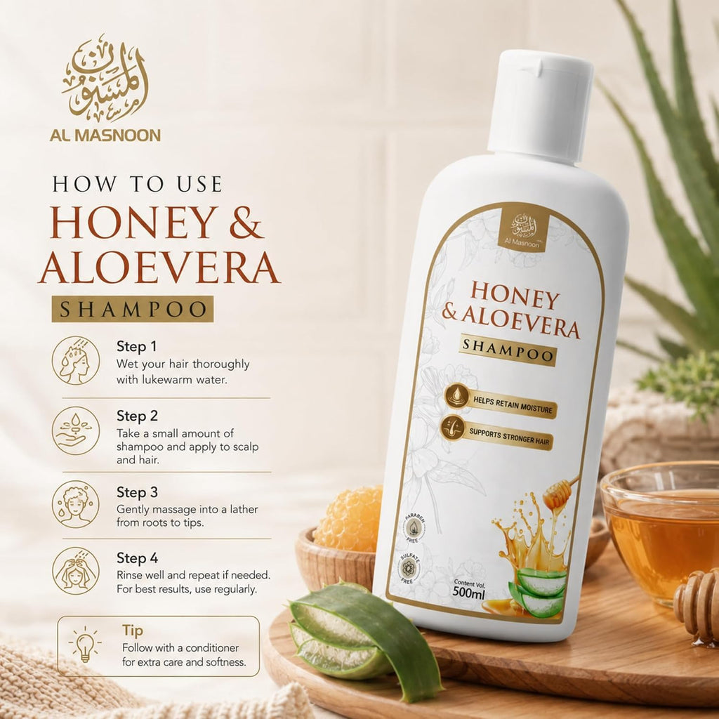 AL MASNOON Honey & Aloe Vera Shampoo | 500ml | Moisturizing Hair Cleanser | Sulphate Free & Paraben Free | Nourishing Shampoo for Soft, Smooth & Healthy-Looking Hair