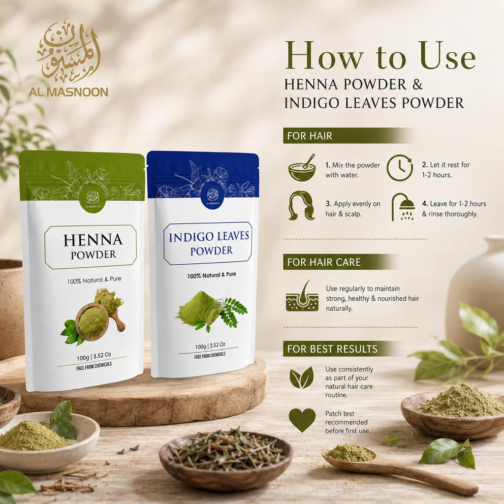 AL MASNOON Henna & Indigo Leaves Powder Hair Care Combo | 100g + 100g | 100% Natural & Pure | Chemical-Free Hair Colour & Hair Conditioning Combo