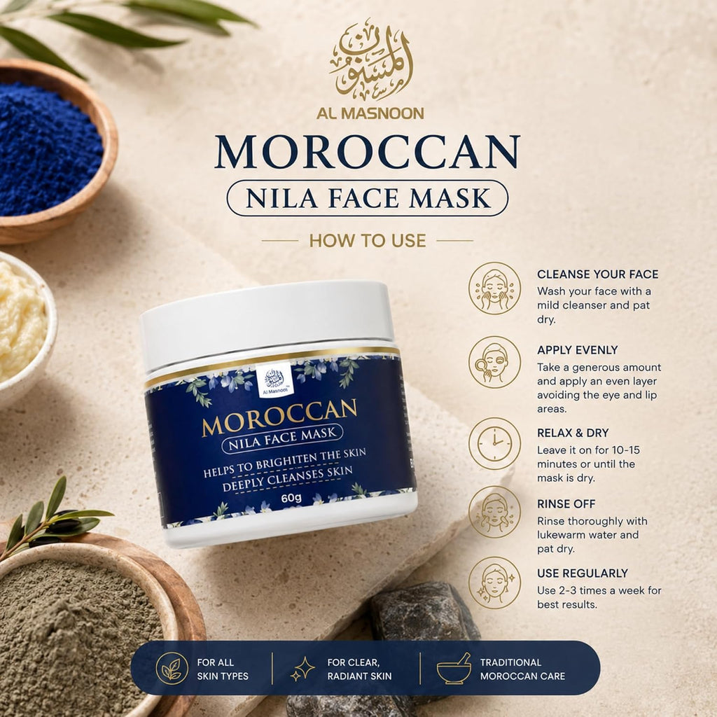 AL MASNOON Moroccan Nila Face Mask | 60g | Made with Pure Moroccan Nila Powder | Deep Cleansing Face Mask for Fresh, Smooth & Radiant-Looking Skin