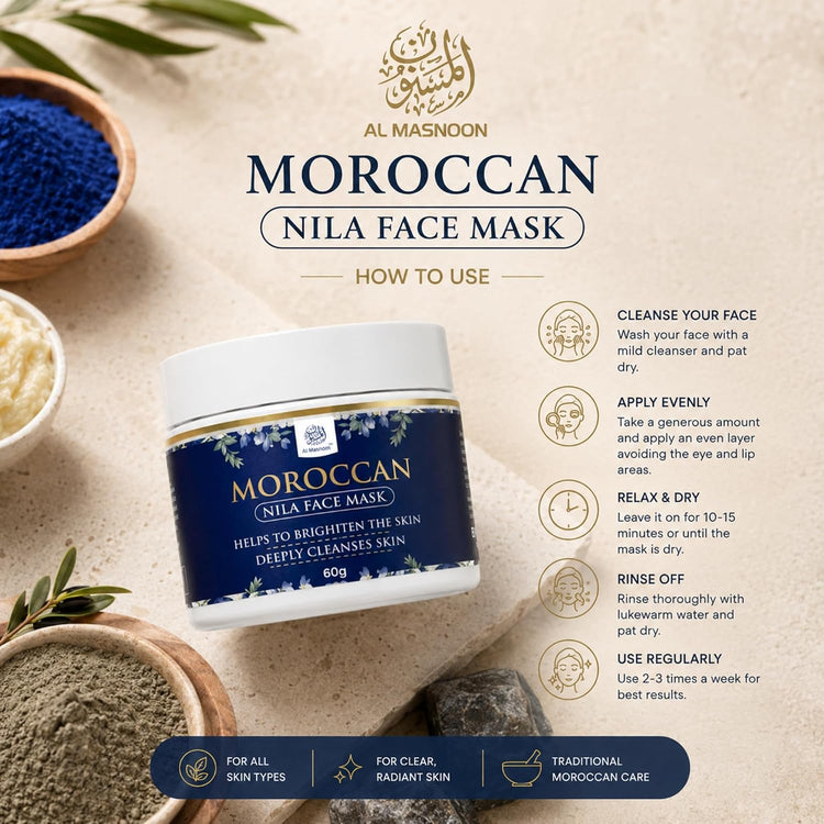 AL MASNOON Moroccan Nila Face Mask | 60g | Made with Pure Moroccan Nila Powder | Deep Cleansing Face Mask for Fresh, Smooth & Radiant-Looking Skin