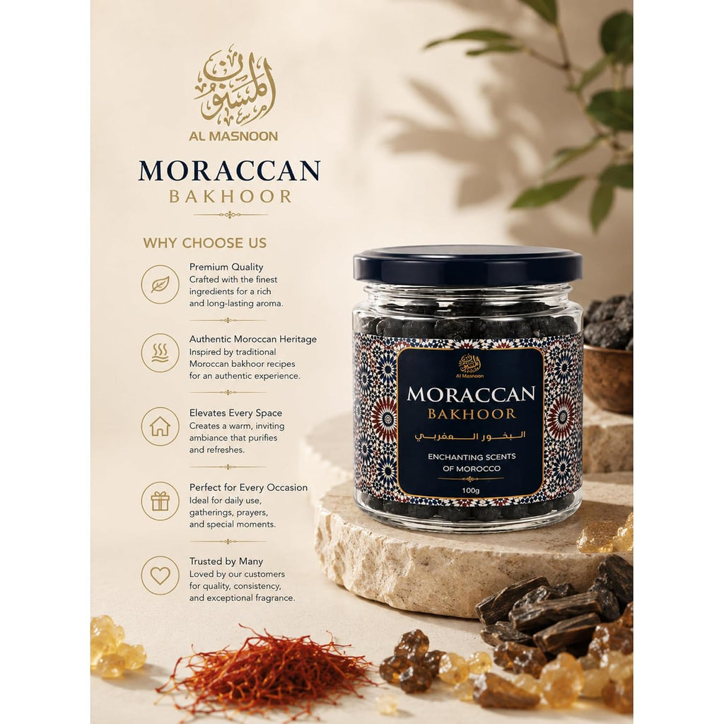 AL MASNOON Moroccan Bakhoor | 100g | Luxury Arabic Bakhoor Incense | Rich Oriental Fragrance for Home, Majlis & Special Occasions