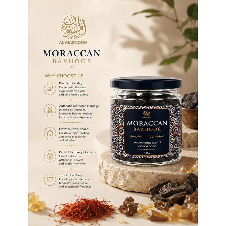 AL MASNOON Moroccan Bakhoor | 100g | Luxury Arabic Bakhoor Incense | Rich Oriental Fragrance for Home, Majlis & Special Occasions