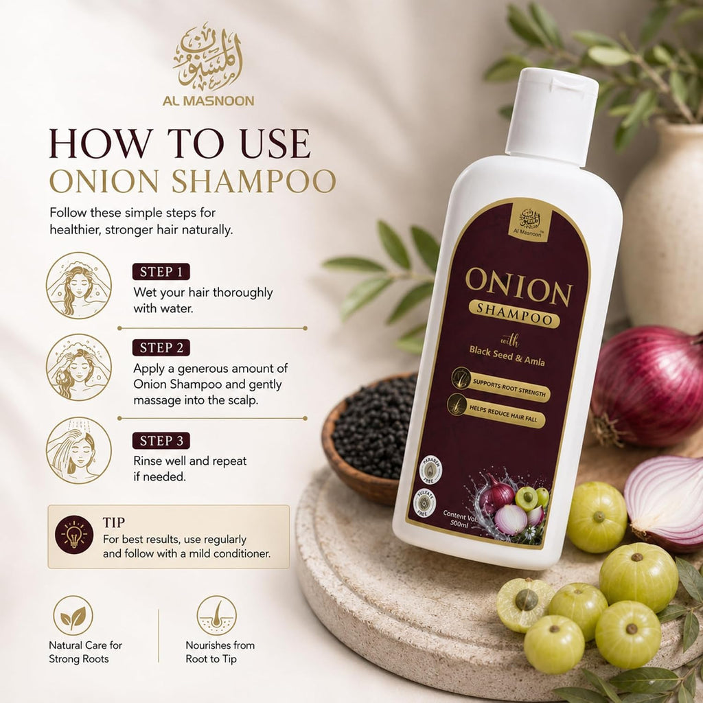 AL MASNOON Onion Shampoo with Black Seed & Amla | 500ml | Sulphate Free & Paraben Free | Gentle Hair Cleanser for Strong, Healthy-Looking Hair