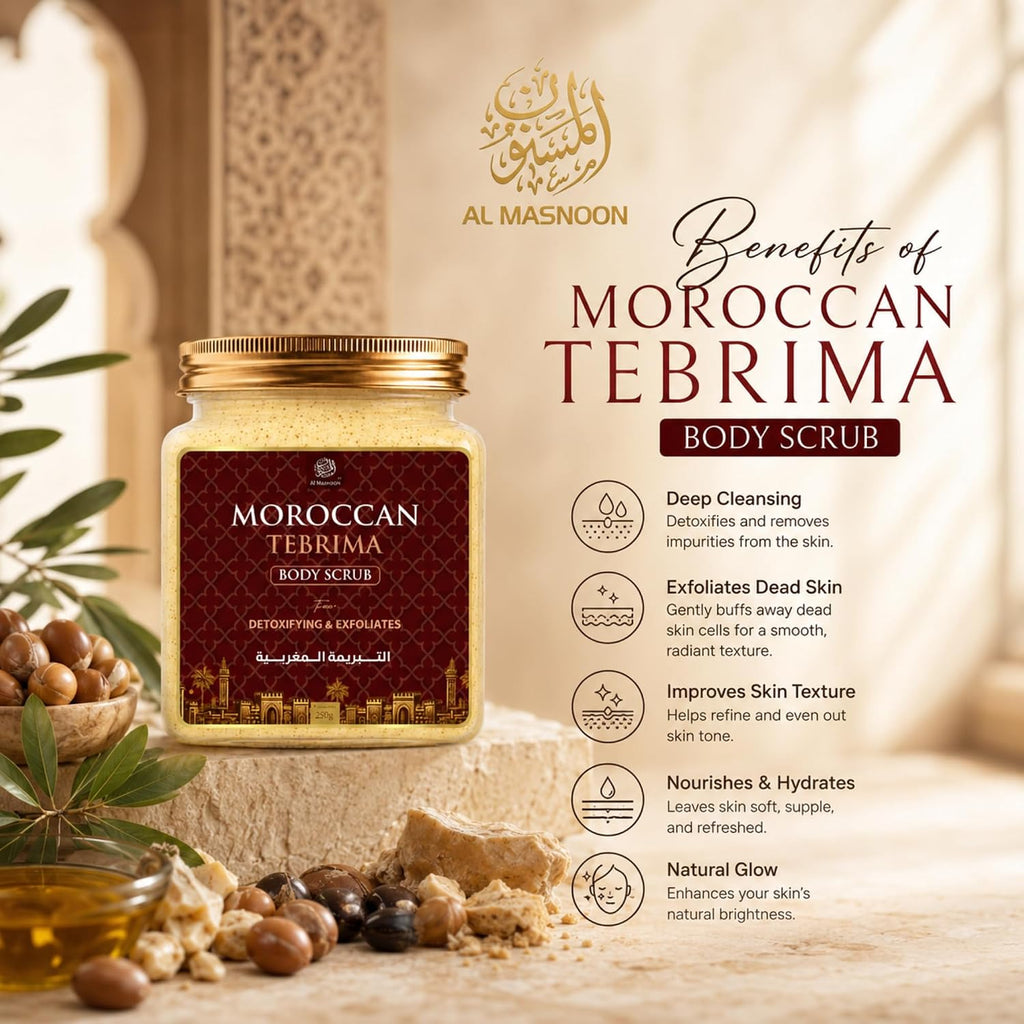 AL MASNOON Moroccan Tebrima Body Scrub | 250g | Traditional Moroccan Exfoliating Body Polish | Deep Cleansing & Smooth Skin Care