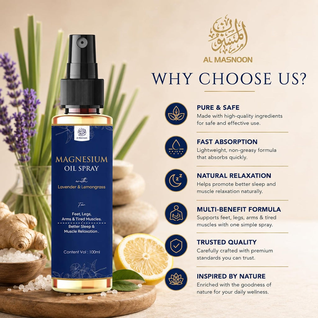 AL MASNOON Magnesium Oil Spray | 100ml | With Lavender & Lemongrass | Fast-Absorbing Body Spray for Muscle Relaxation & Daily Wellness