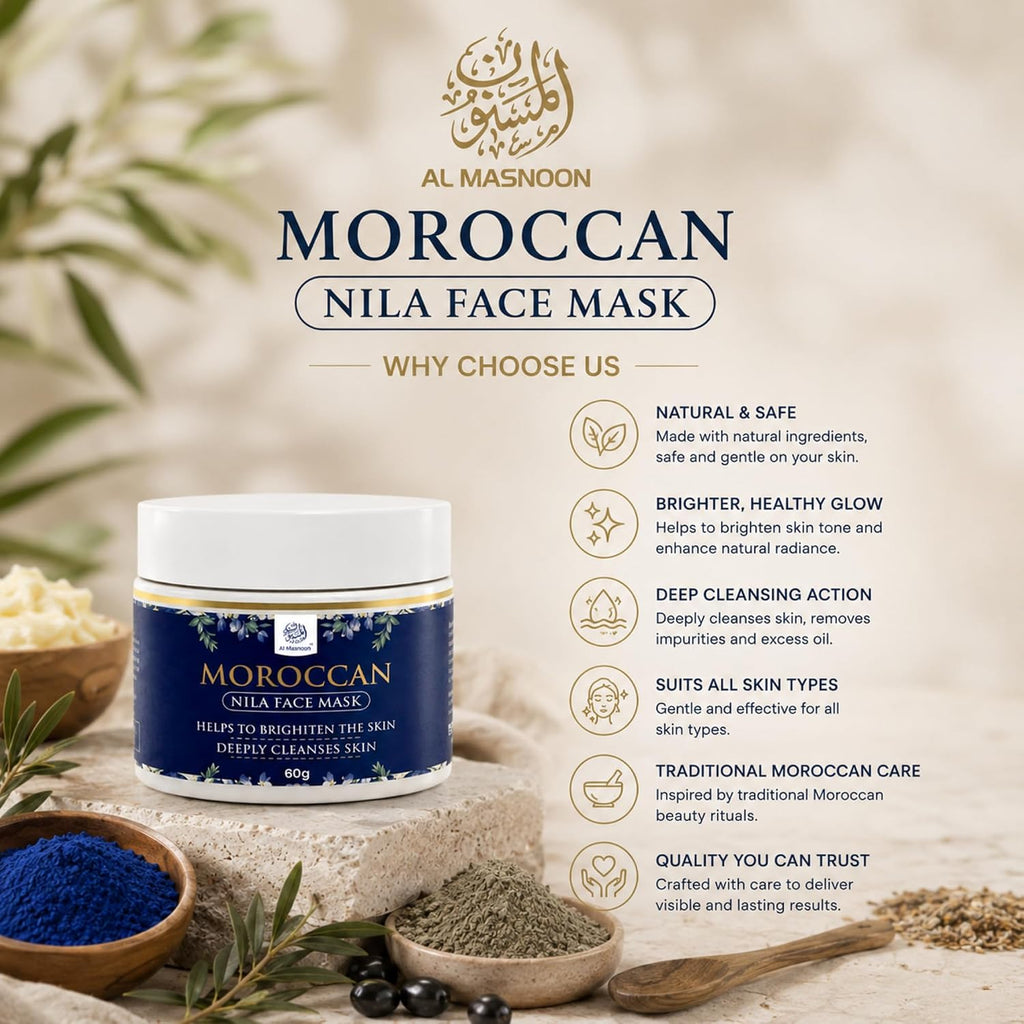 AL MASNOON Moroccan Nila Face Mask | 60g | Made with Pure Moroccan Nila Powder | Deep Cleansing Face Mask for Fresh, Smooth & Radiant-Looking Skin