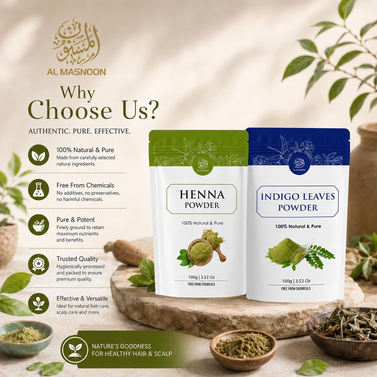 AL MASNOON Henna & Indigo Leaves Powder Hair Care Combo | 100g + 100g | 100% Natural & Pure | Chemical-Free Hair Colour & Hair Conditioning Combo