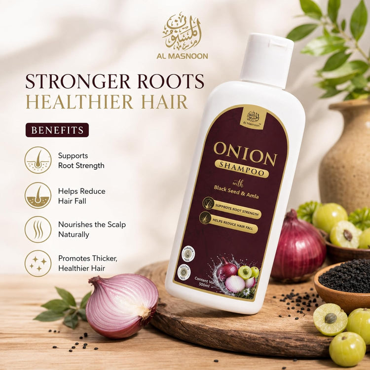 AL MASNOON Onion Shampoo with Black Seed & Amla | 500ml | Sulphate Free & Paraben Free | Gentle Hair Cleanser for Strong, Healthy-Looking Hair