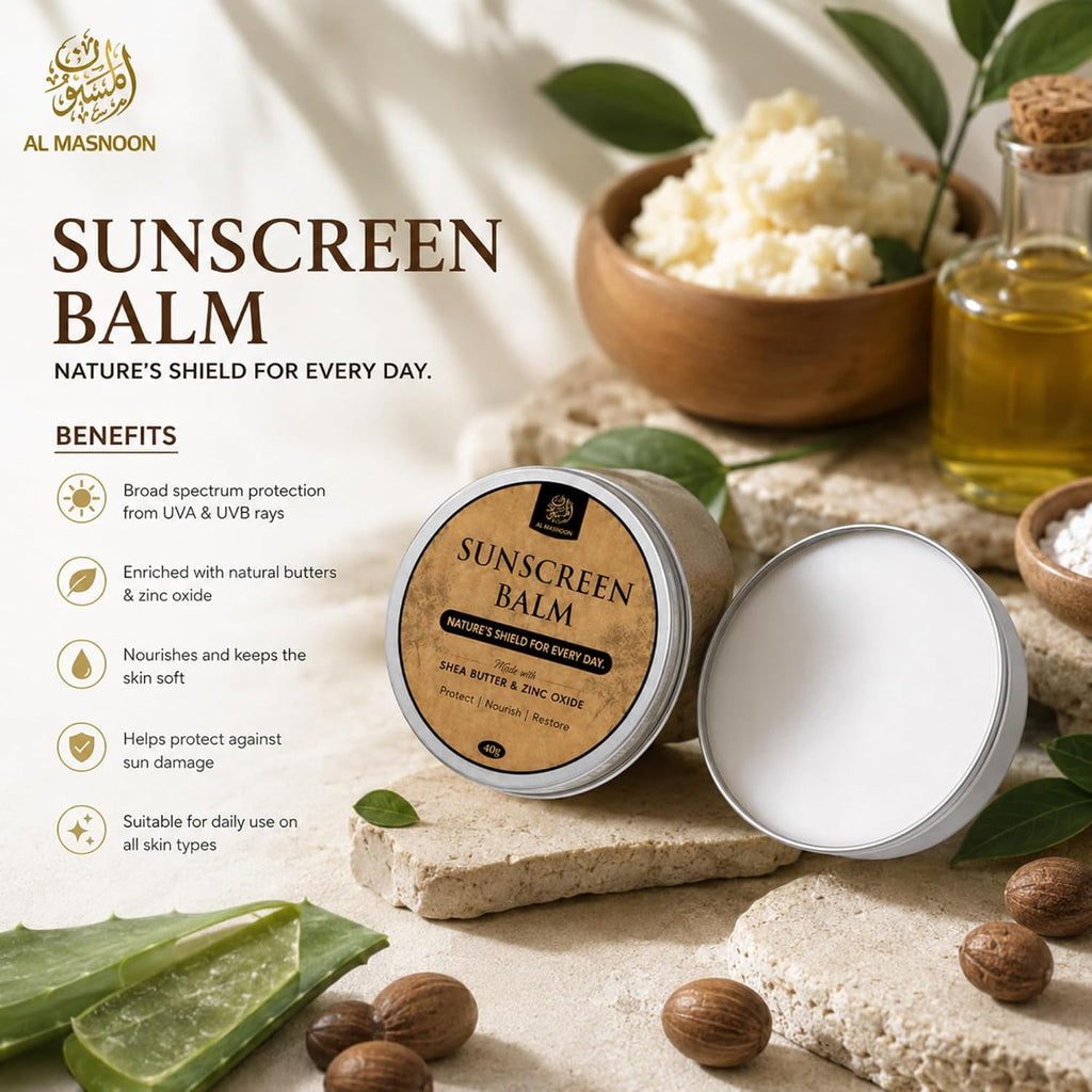 AL MASNOON Sunscreen Balm | 40g | Shea Butter & Zinc Oxide Daily Protective Balm | Waterless Moisturizing Formula for Soft, Nourished & Protected Skin