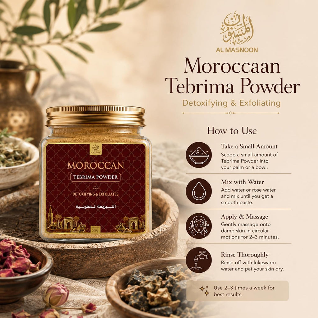 AL MASNOON Moroccan Tebrima Powder for Face & Body | 200g | Traditional Moroccan Exfoliating Powder | Deep Cleansing & Skin Smoothing Care