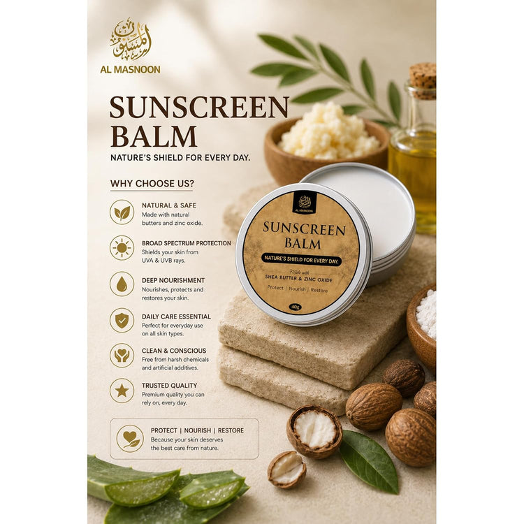 AL MASNOON Sunscreen Balm | 40g | Shea Butter & Zinc Oxide Daily Protective Balm | Waterless Moisturizing Formula for Soft, Nourished & Protected Skin