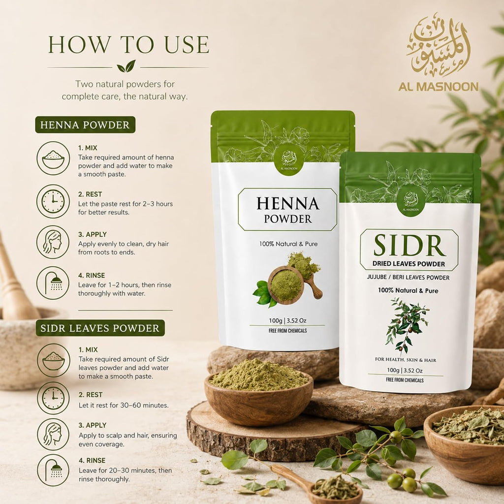 AL MASNOON Henna Powder & Sidr Leaves Powder Hair Care Combo | 100g + 100g | 100% Natural & Pure | Chemical-Free Herbal Hair Mask & Hair Cleanser