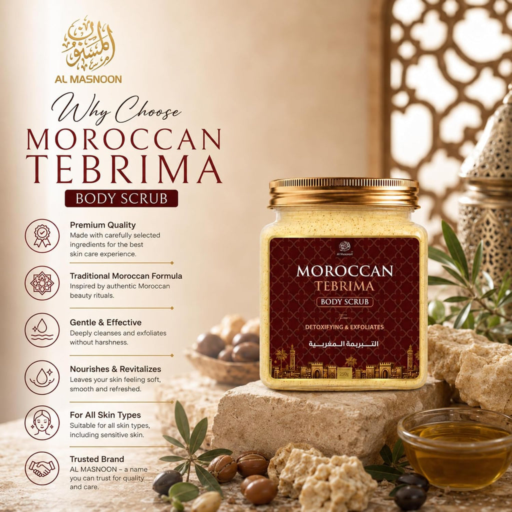 AL MASNOON Moroccan Tebrima Body Scrub | 250g | Traditional Moroccan Exfoliating Body Polish | Deep Cleansing & Smooth Skin Care