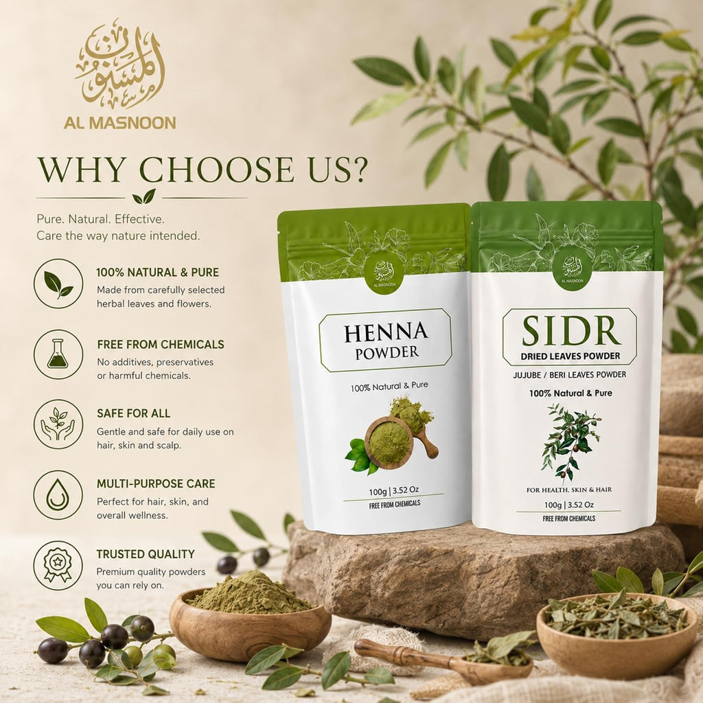 AL MASNOON Henna Powder & Sidr Leaves Powder Hair Care Combo | 100g + 100g | 100% Natural & Pure | Chemical-Free Herbal Hair Mask & Hair Cleanser