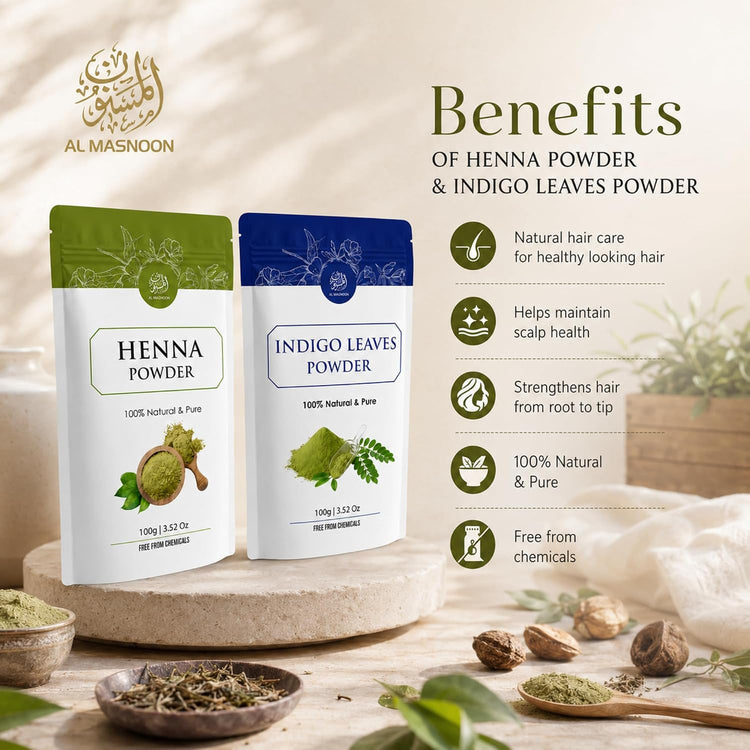 AL MASNOON Henna & Indigo Leaves Powder Hair Care Combo | 100g + 100g | 100% Natural & Pure | Chemical-Free Hair Colour & Hair Conditioning Combo