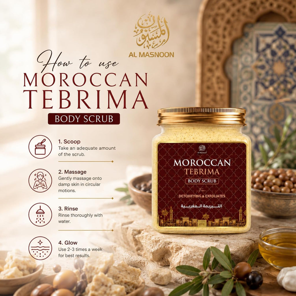 AL MASNOON Moroccan Tebrima Body Scrub | 250g | Traditional Moroccan Exfoliating Body Polish | Deep Cleansing & Smooth Skin Care
