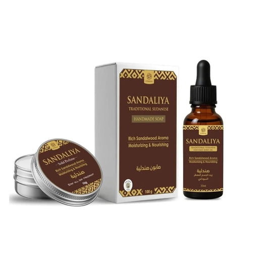 Sandaliya skincare products including soap, cream, and oil