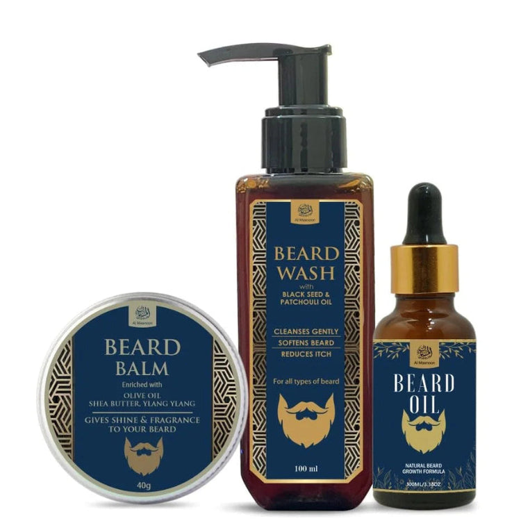 almasnoon beard care balm, wash, and oil 